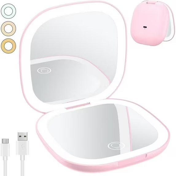 (2 pack) Yoovee Rechargeable Compact Makeup Mirror with Lights and Magnification 1X / 10X, Double Light Strip Dimmable Travel Makeup Mirror with 3 Light Colors Mini Magnetic Closing Pocket Mirror for Women