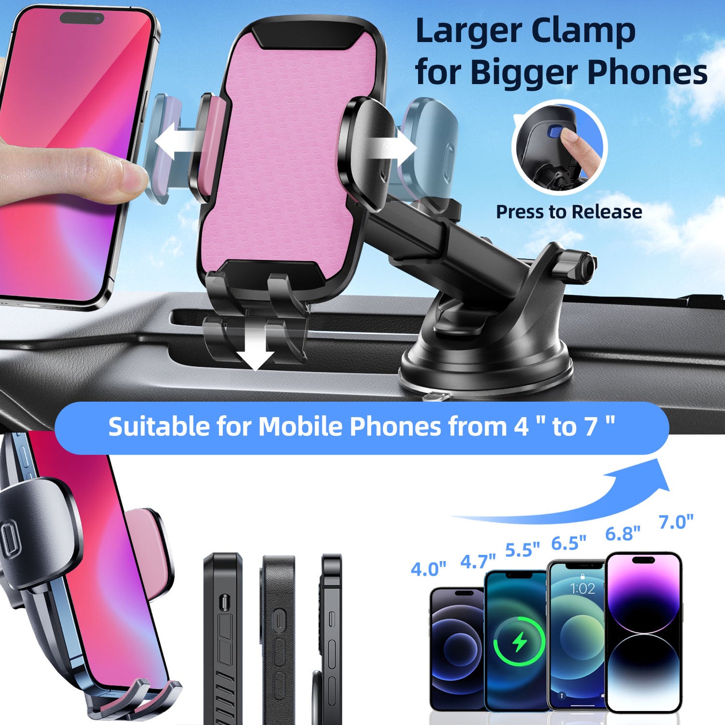 Car Phone Holder, 360° Rotatable Mobile Mount with Air Vent Clip for 4.0"-7.0" Phones, Pink