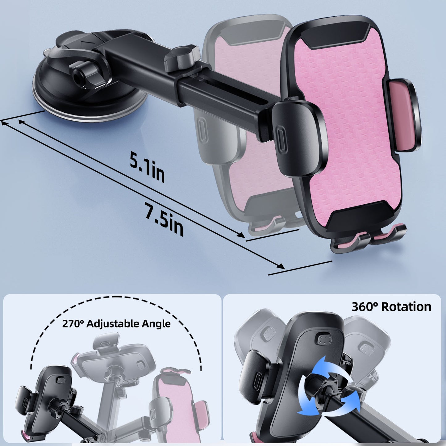 Car Phone Holder, 360° Rotatable Mobile Mount with Air Vent Clip for 4.0"-7.0" Phones, Pink
