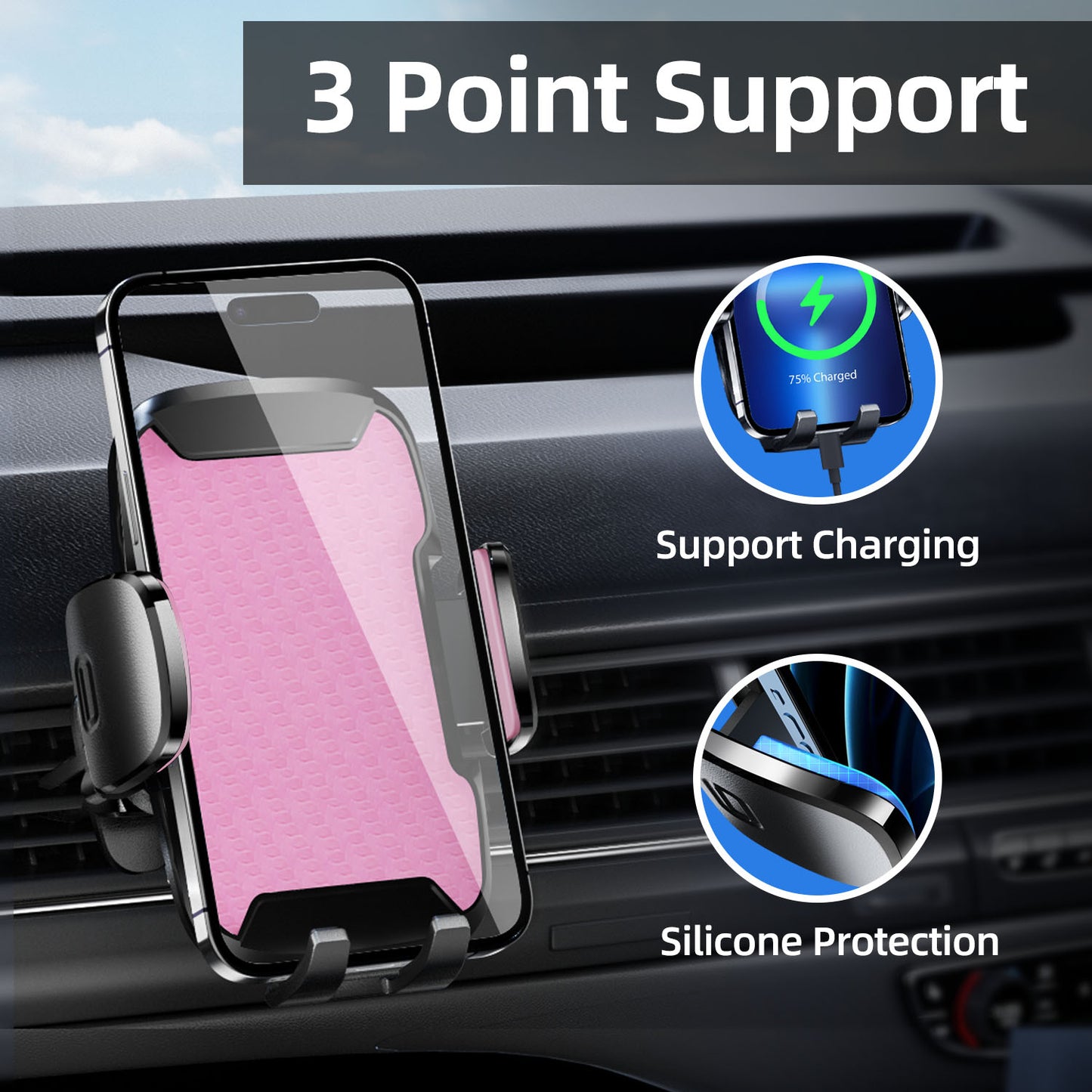 Car Phone Holder, 360° Rotatable Mobile Mount with Air Vent Clip for 4.0"-7.0" Phones, Pink