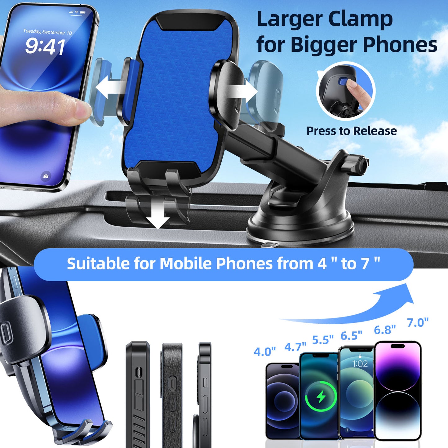 Car Phone Holder, 360° Rotatable Mobile Mount with Air Vent Clip for 4.0"-7.0" Phones, Blue