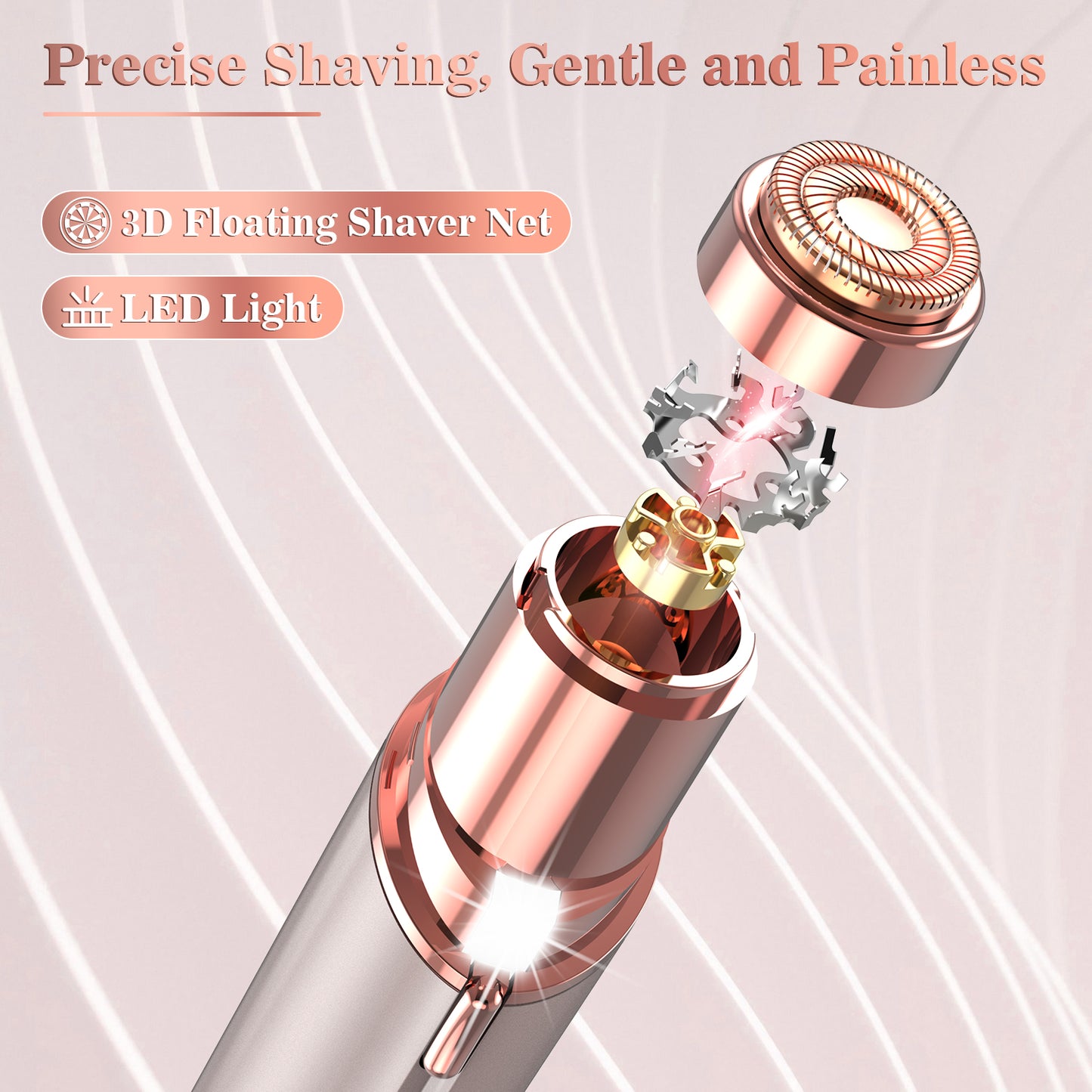 Facial Hair Remover for Women, Face Hair Trimmer, Rechargeable Women's Facial Shaver, Painless Lady Shavers for Women for Face Hair, Upper Lips, Peach Fuzz, Bikini Body-Rose Gold
