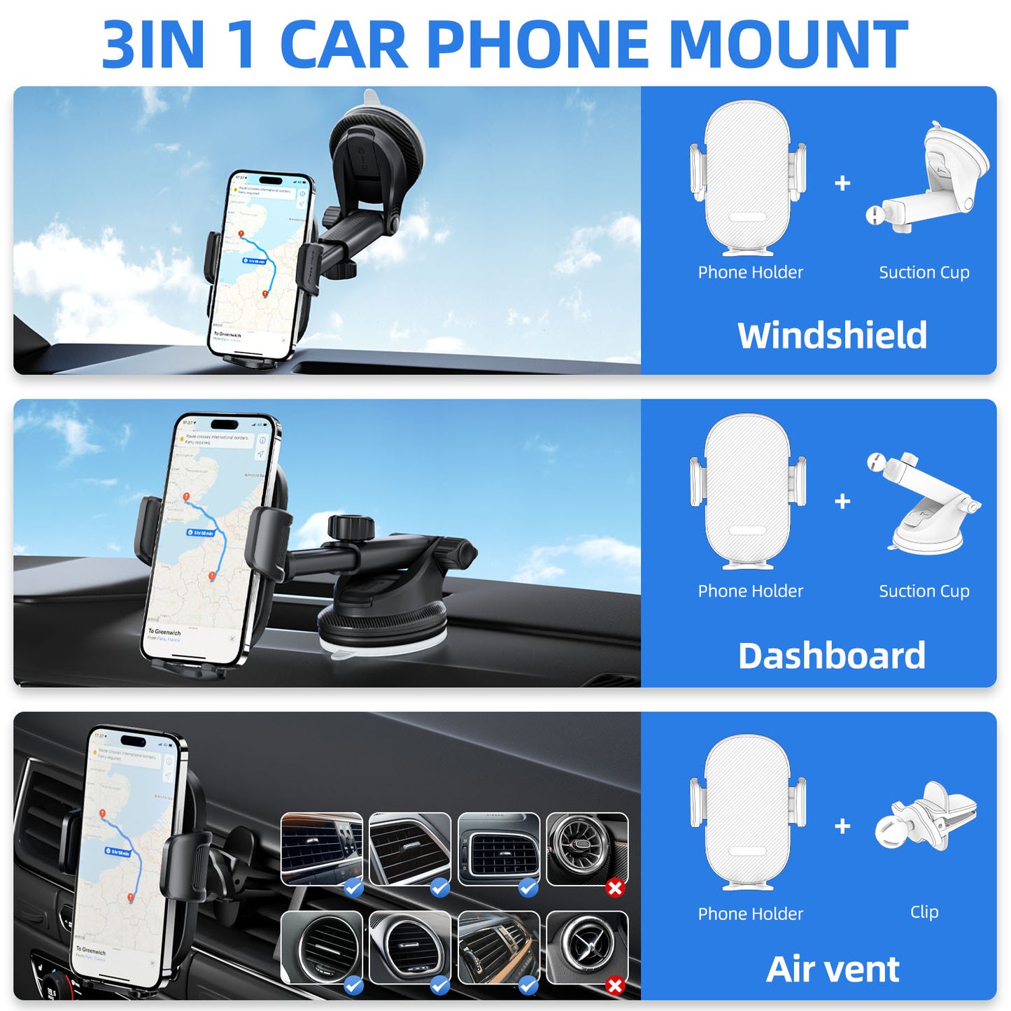 OOVEE Dashboard & Windshield Car Phone Holder - 360° Rotatable Mount, 3-in-1 Vent/Dash/Windshield Clip for 4-7" Phones, iPhone, Samsung, Google Pixel, Moto