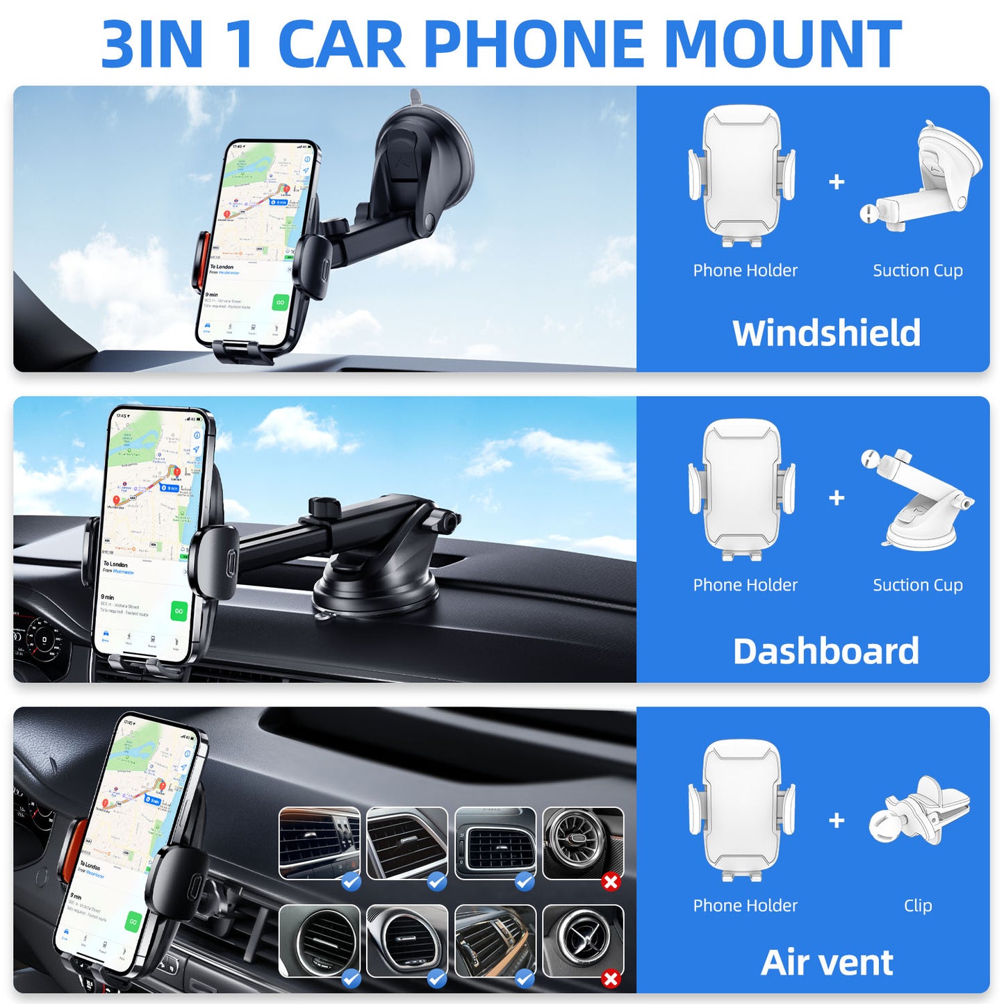Car Phone Holder, 360° Rotatable Mobile Mount with Air Vent Clip for 4.0"-7.0" Phones, Orange