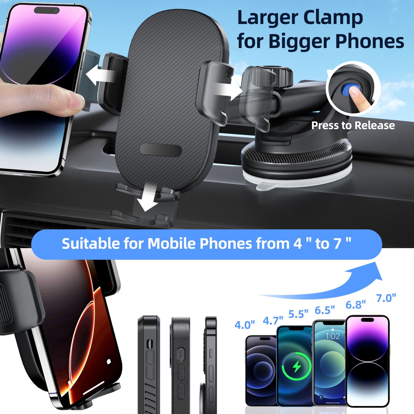 OOVEE Dashboard & Windshield Car Phone Holder - 360° Rotatable Mount, 3-in-1 Vent/Dash/Windshield Clip for 4-7" Phones, iPhone, Samsung, Google Pixel, Moto