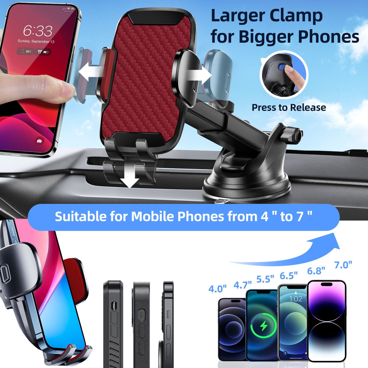 Car Phone Holder, 360° Rotatable Mobile Mount with Air Vent Clip for 4.0"-7.0" Phones, Red