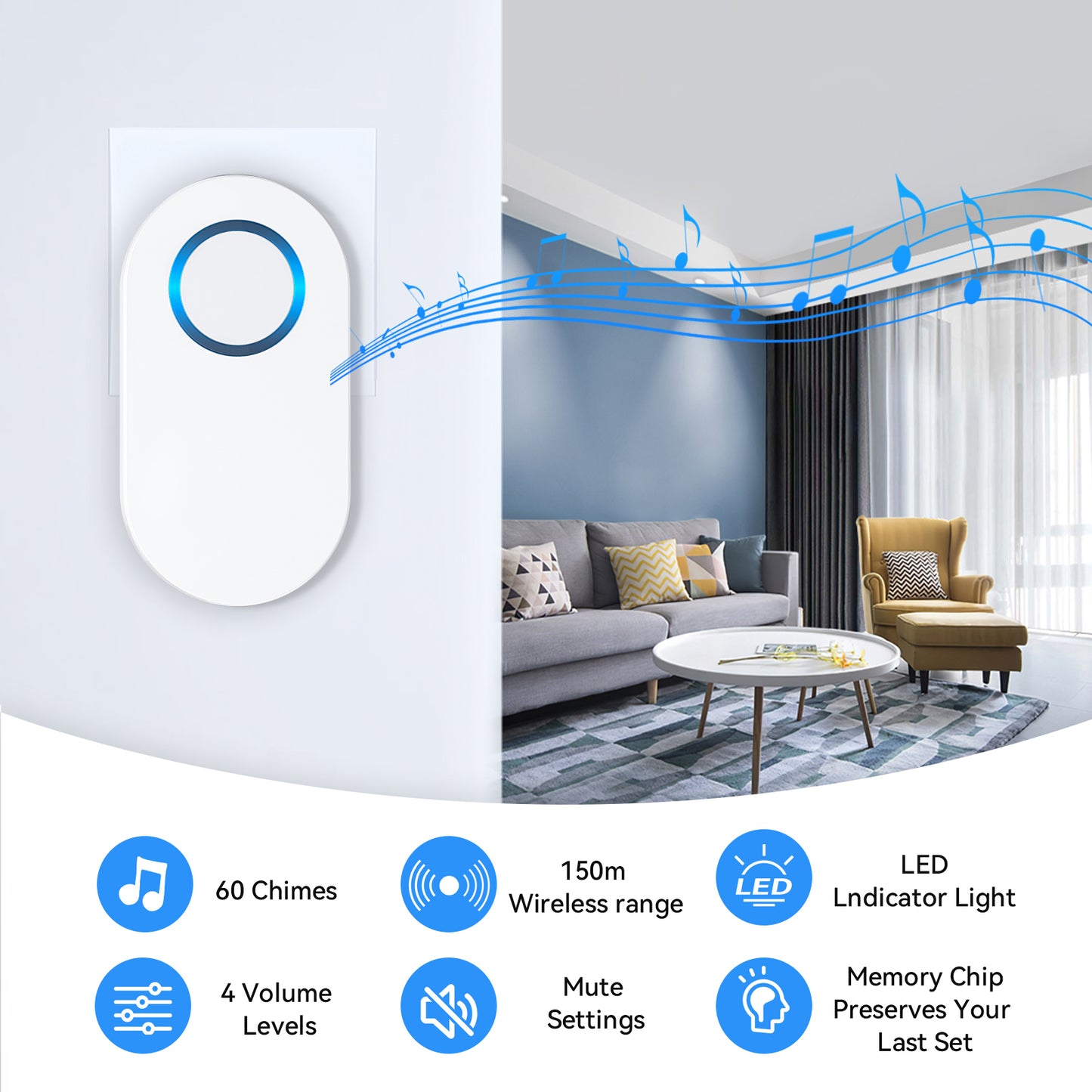 YOOVEE Wireless Doorbell Kit, 1 Receivers, 60 Ringtones, 4-Level Volume, Memory Function, IP44 Weatherproof - Easy Install for Home