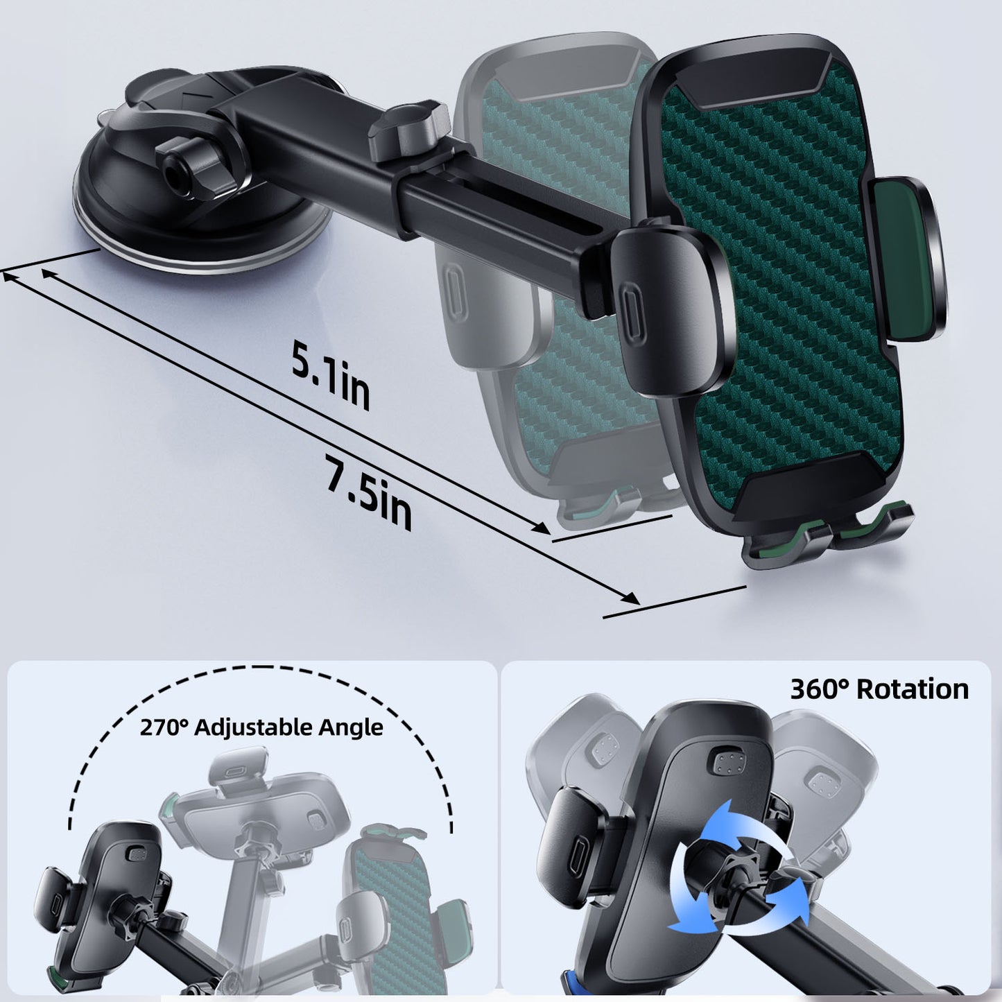 Car Phone Holder, 360° Rotatable Mobile Mount with Air Vent Clip for 4.0"-7.0" Phones, Green