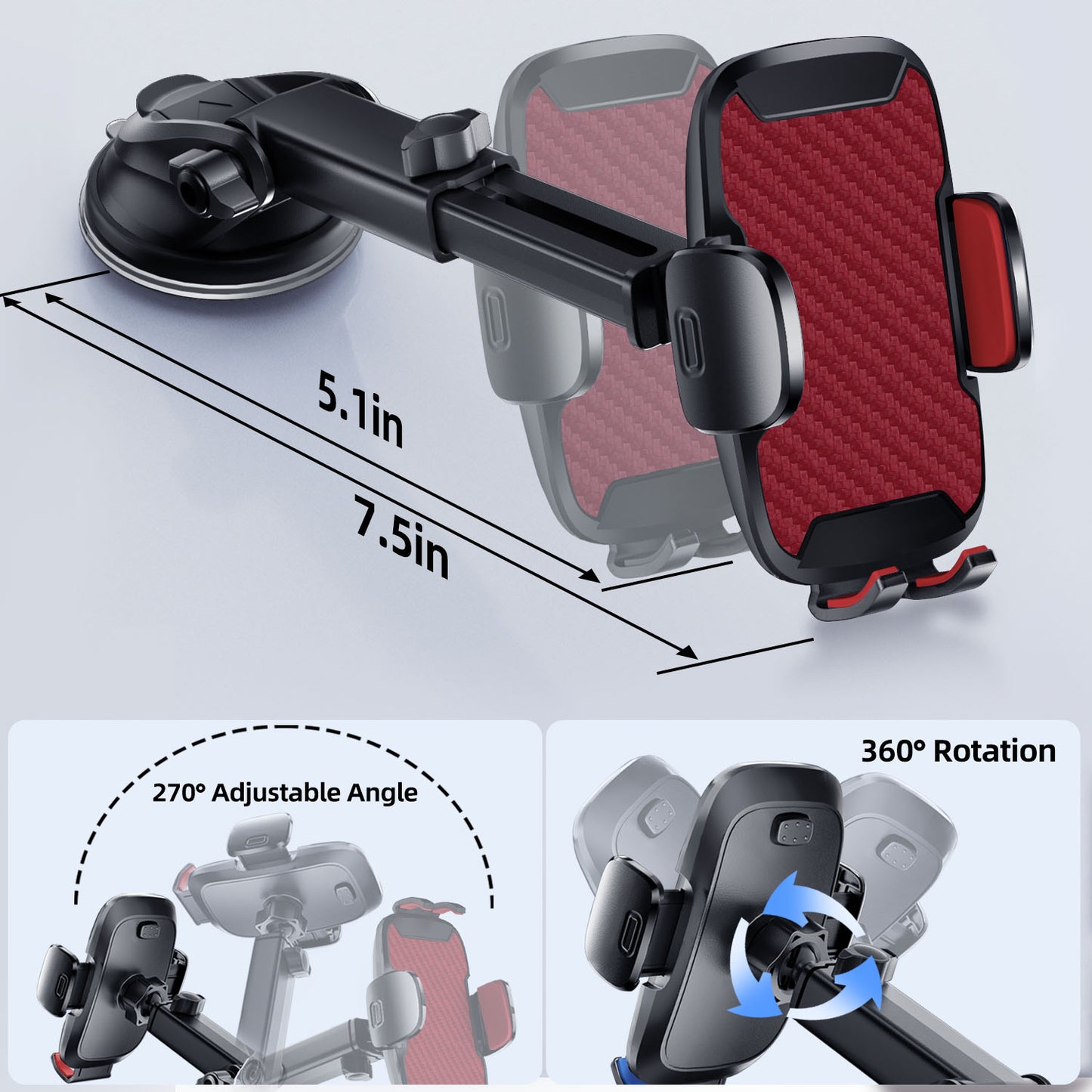 Car Phone Holder, 360° Rotatable Mobile Mount with Air Vent Clip for 4.0"-7.0" Phones, Red