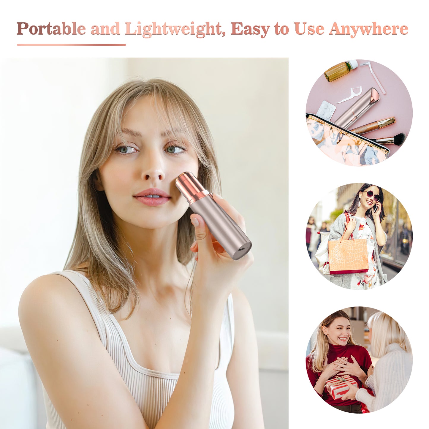 Rechargeable Epilator for Women - LED Light Facial Hair Remover, Portable Grooming Tool,Champagne Gold