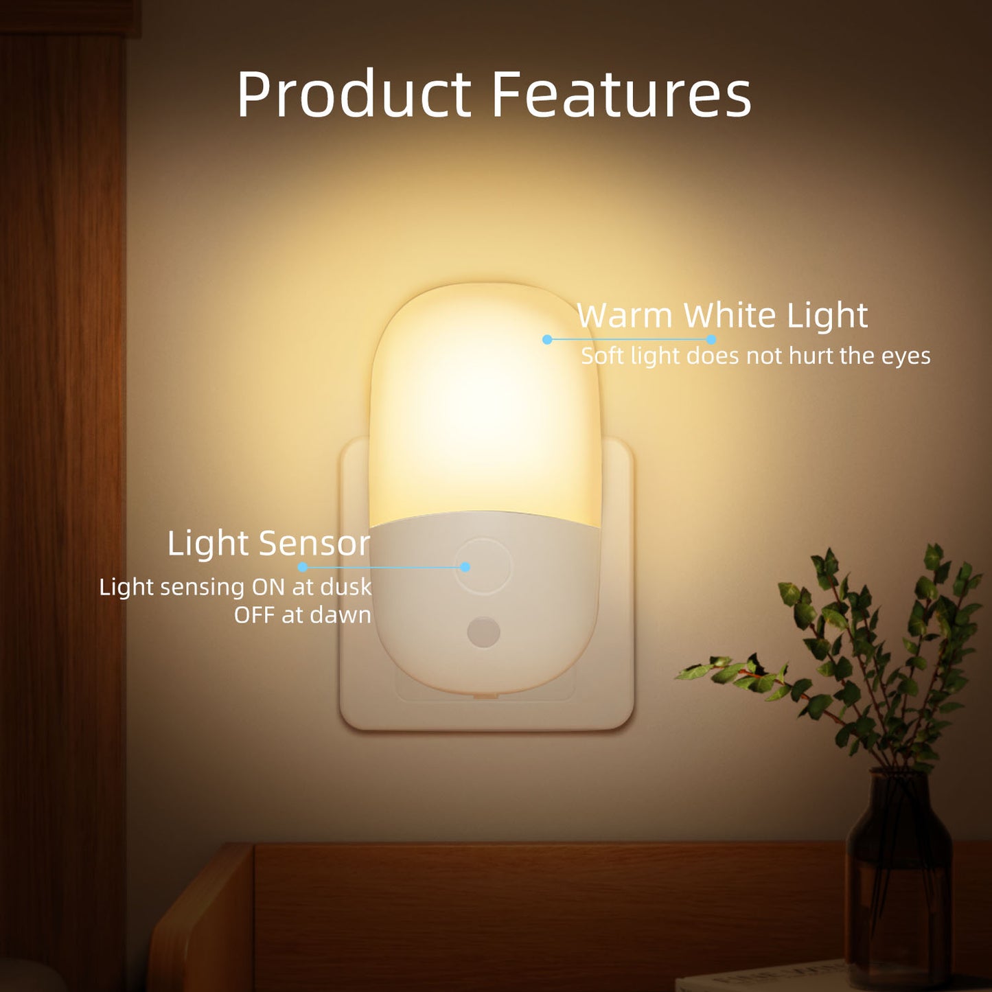 YOOVEE Plug-in Dimmable Night Light with Sensor, Warm White LED,4-Pack for Bedroom, Bathroom, Hallway - Kids & Adults