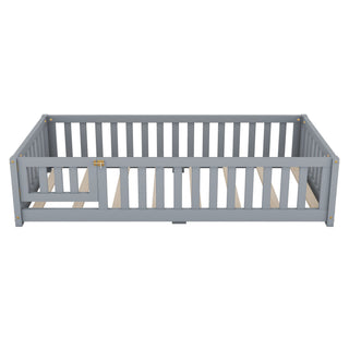 Twin Floor Bed Frame, Floor Bed Frame with Fence and Door, Wood Slats Supports, Low Wood Platform Beds for Kids Girls Boys, No Box Spring Needed, Gray