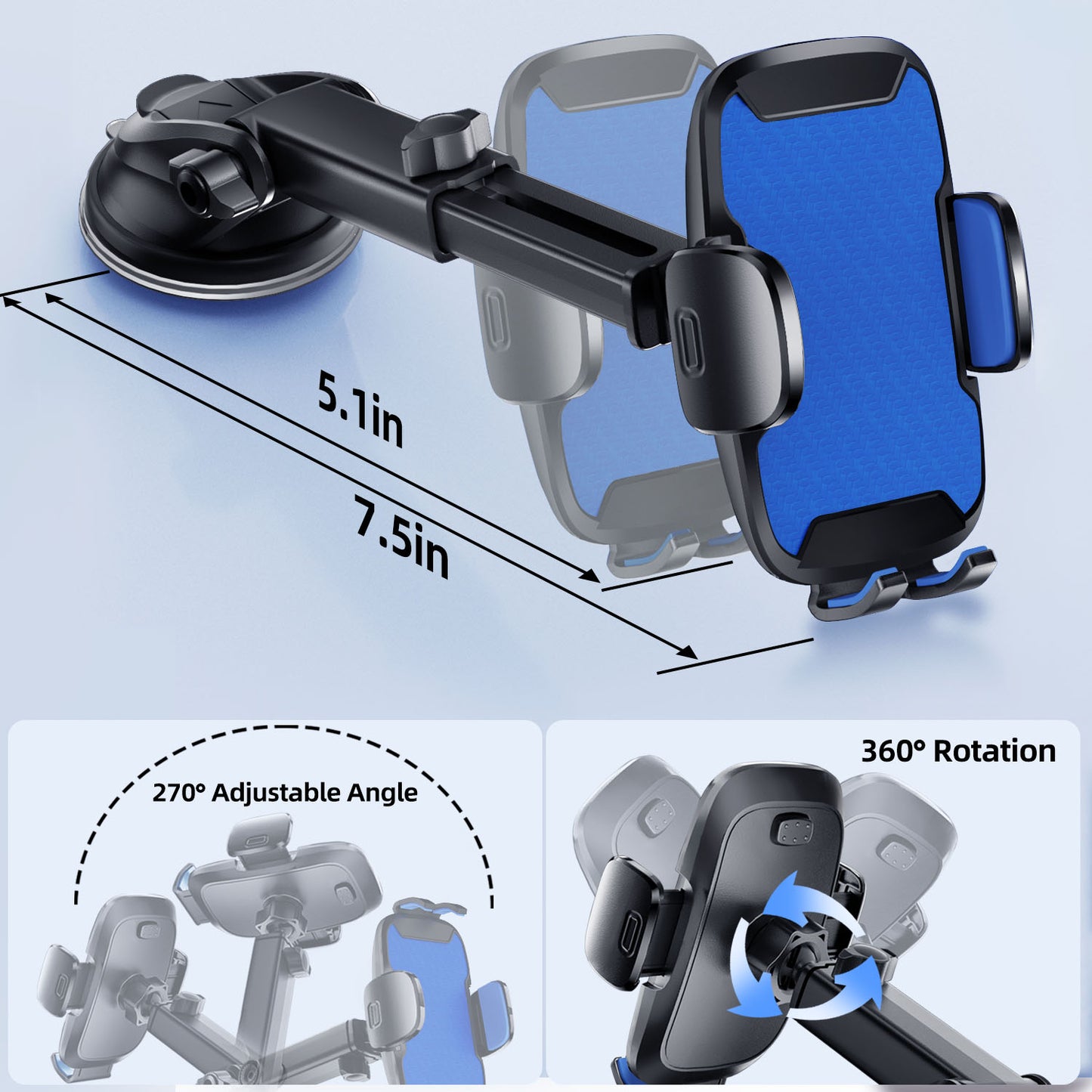 Car Phone Holder, 360° Rotatable Mobile Mount with Air Vent Clip for 4.0"-7.0" Phones, Blue
