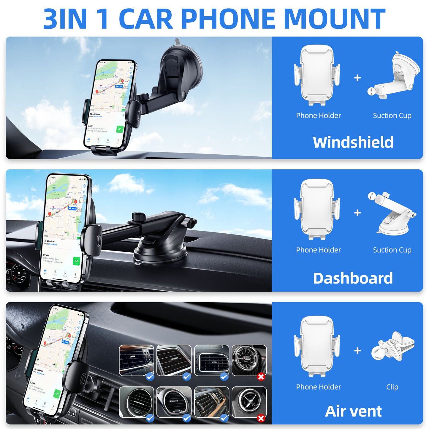 Car Phone Holder, 360° Rotatable Mobile Mount with Air Vent Clip for 4.0"-7.0" Phones, Green