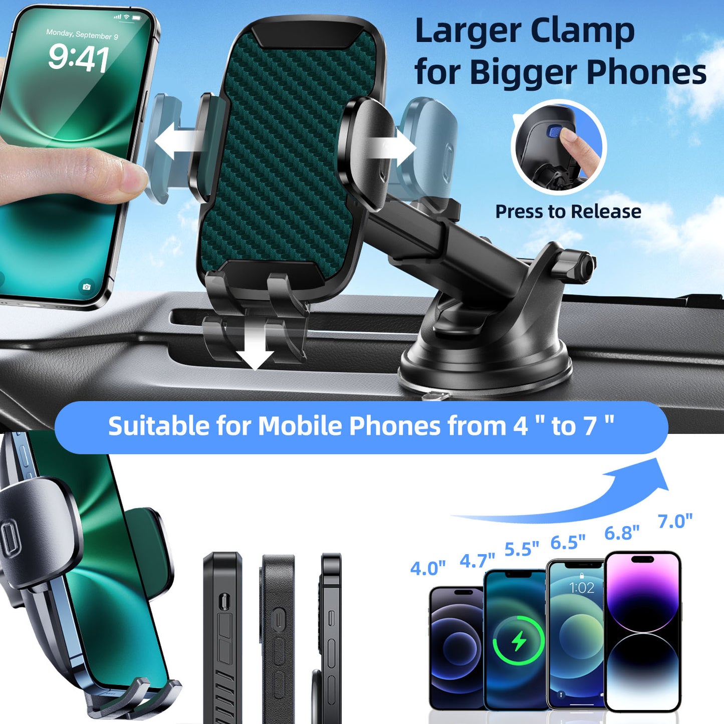 Car Phone Holder, 360° Rotatable Mobile Mount with Air Vent Clip for 4.0"-7.0" Phones, Green