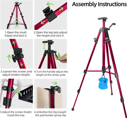 61"-20"Artist Easel Stand, Thick Aviation Aluminum Tripod Display Easel with Portable Bag for Floor/Table-Top Drawing and Displaying, Painting Easel for kids Adult, Spirit Level, Red
