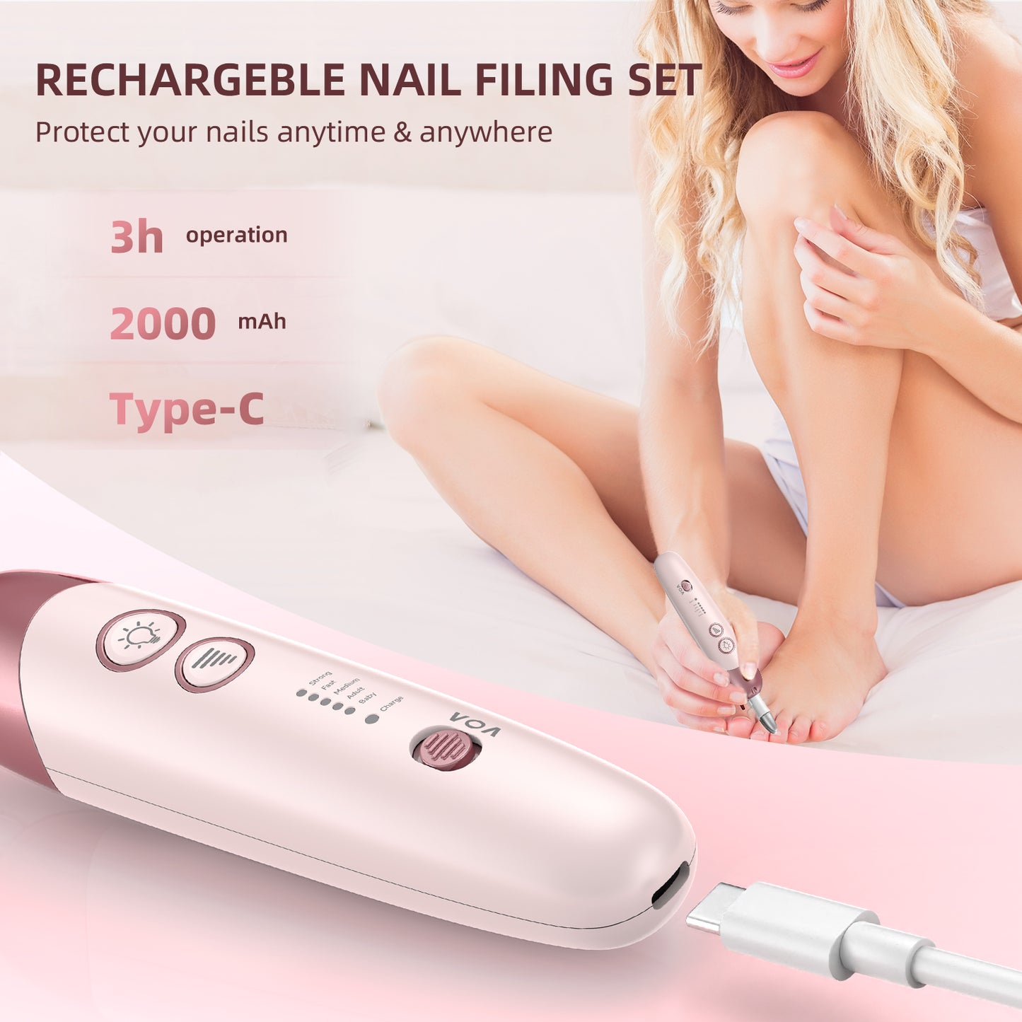 YOOVEE Cordless Electric Nail File Set, Portable Electric Nail Drill Machine, Professional Manicure Pedicure Kit, 5 Speeds Hand Foot Care Tool for Calluses, Thick Nails, Grind, Trim, Polish