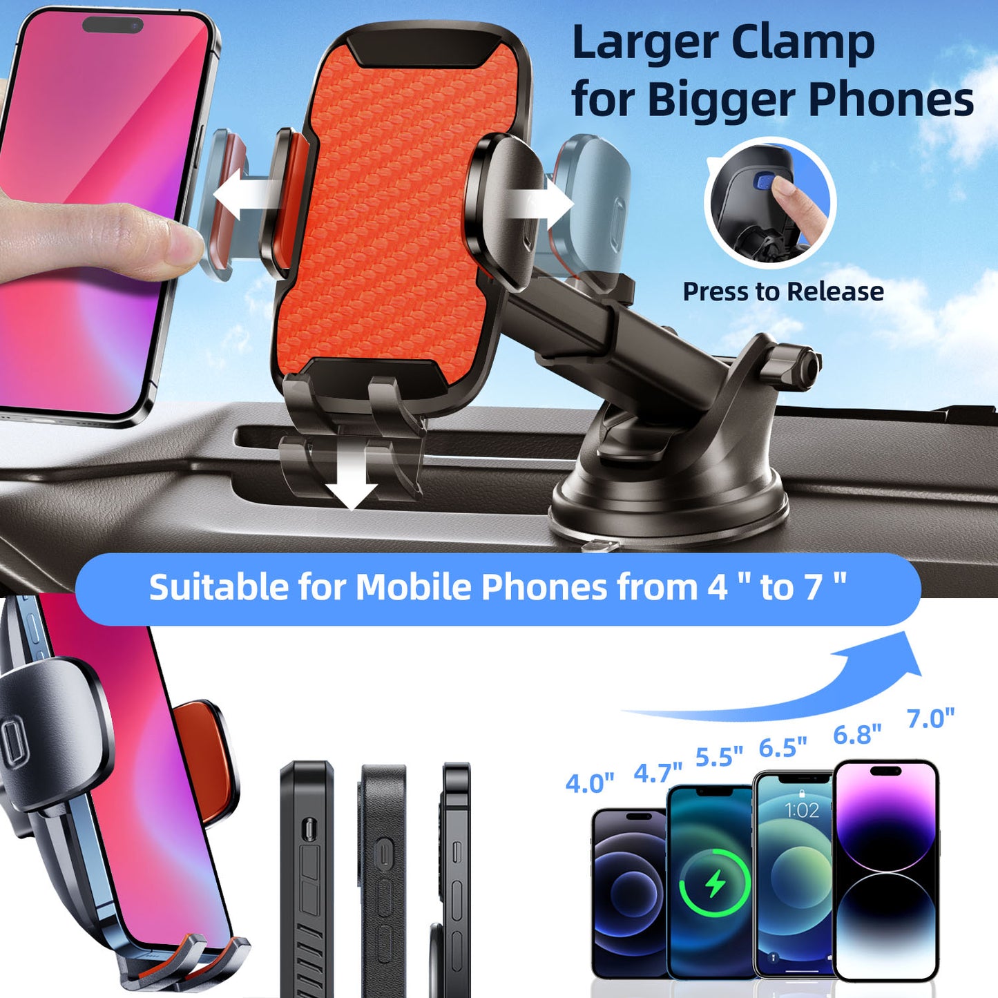 Car Phone Holder, 360° Rotatable Mobile Mount with Air Vent Clip for 4.0"-7.0" Phones, Orange