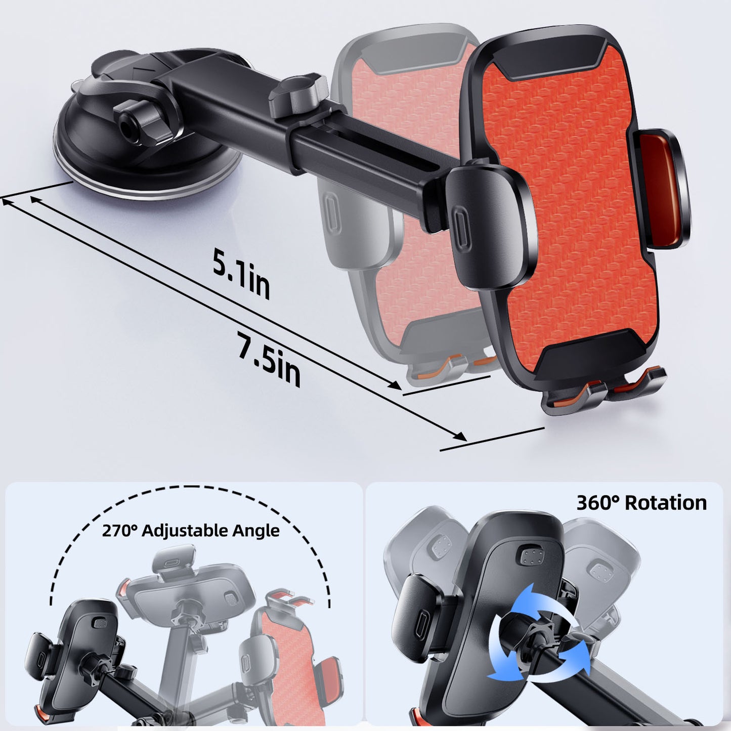 Car Phone Holder, 360° Rotatable Mobile Mount with Air Vent Clip for 4.0"-7.0" Phones, Orange