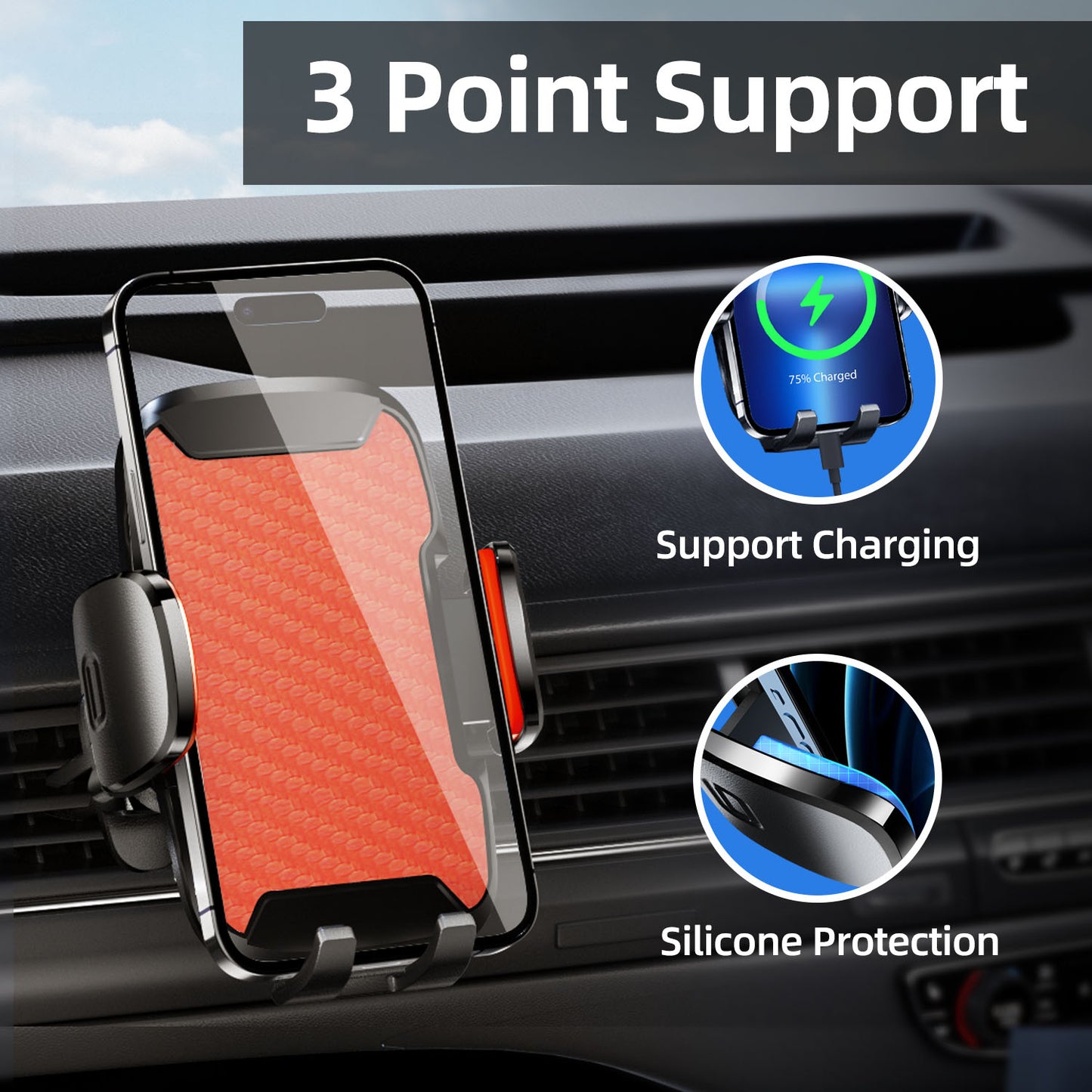 Car Phone Holder, 360° Rotatable Mobile Mount with Air Vent Clip for 4.0"-7.0" Phones, Orange