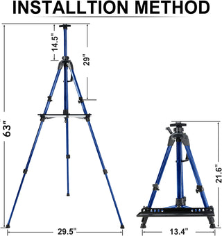 Artist Easel Stand, ADHINO Aluminum Metal Adjustable Easel for Painting Canvases Height from 63 to 30 Inch, Carry Bag for Table-Top/Floor Drawing and Displaying, Blue