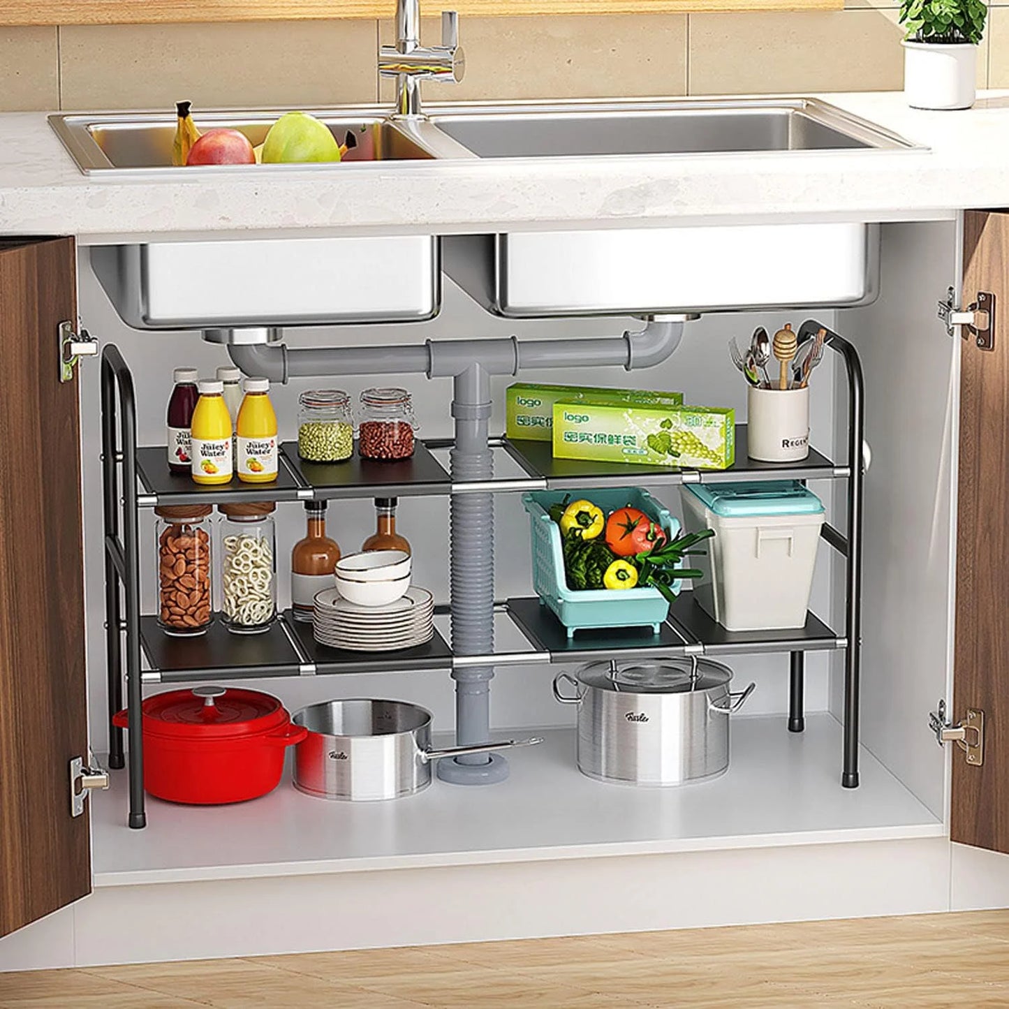 adhino Expandable Under Sink Rack, 2 Tier Sink Cabinet Organizer, Adjustable Under Cabinet, Sink Cabinet, Kitchen Shelves, Cabinet Inserts, Kitchen, Kitchen Cabinet Organizer, 8 Panels, Black